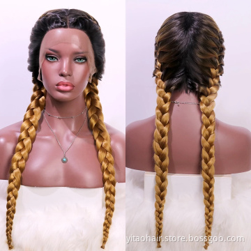 Long Double Braids  Twist Ombre Brown Synthetic Braided Lace Front Wig with Baby Hair synthetic hair wig with lace front